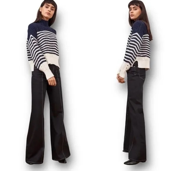 La Ligne Bretagne Chunky Striped Relaxed Merino Sweater Navy White Size S - Picture 2 of 10